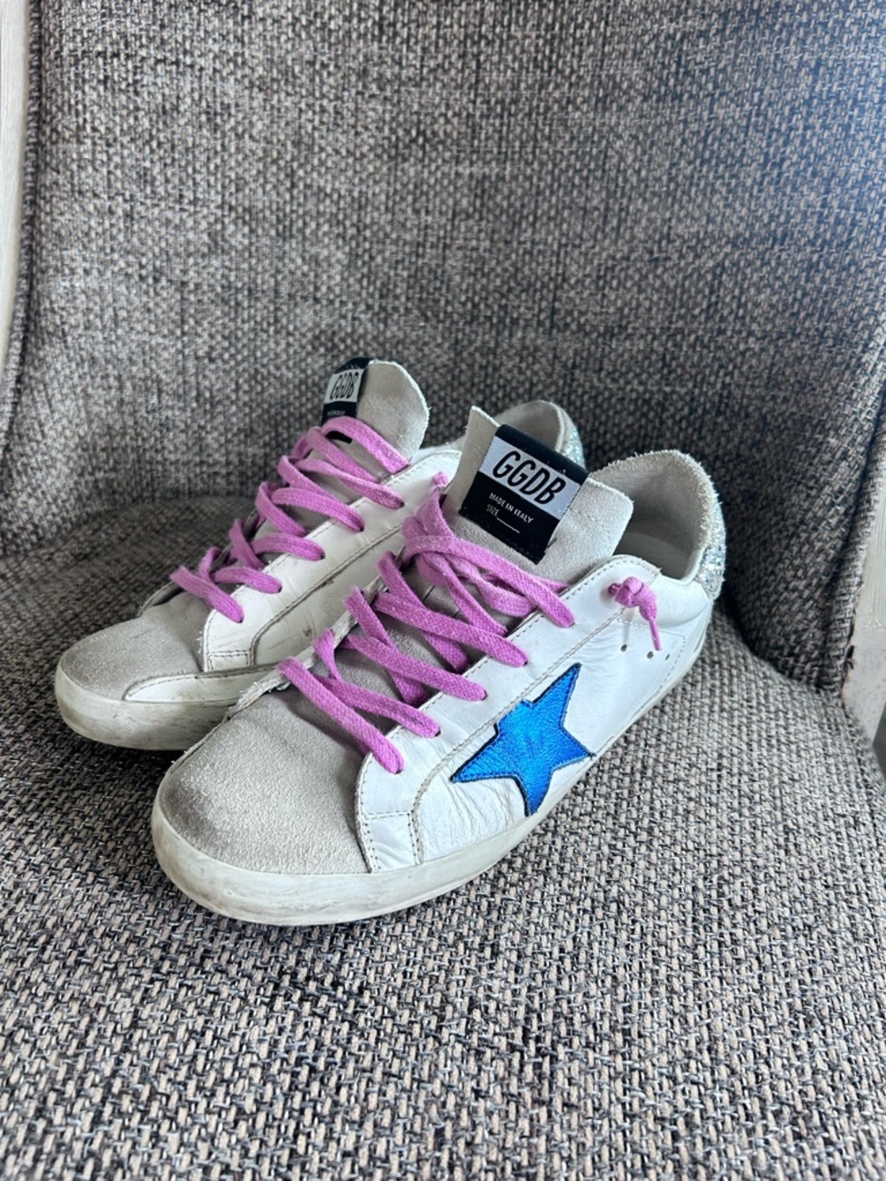 Golden Goose Superstar Sneakers Blue Star Glitter Heel White Leather Size 39 - Picture 2 of 16